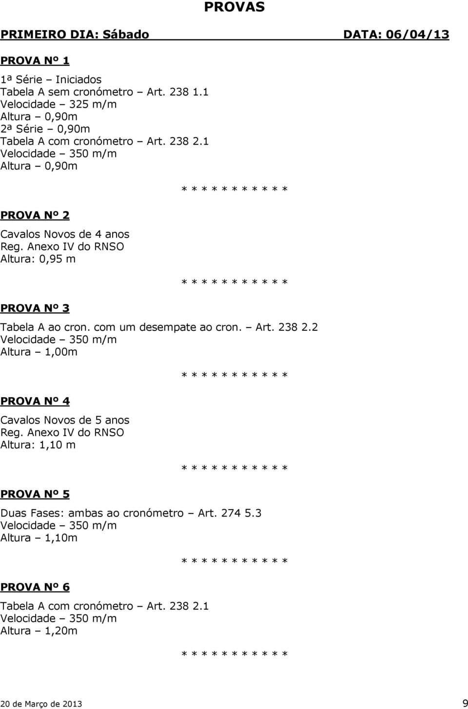 Anexo IV do RNSO Altura: 0,95 m PROVA Nº 3 Tabela A ao cron. com um desempate ao cron. Art. 238 2.