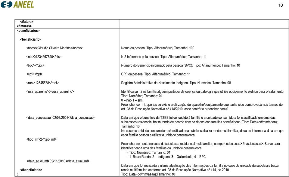 Tipo: Alfanumérico; Tamanho: 100 NIS informado pela pessoa. Tipo: Alfanumérico; Tamanho: 11 Número do Benefício informado pela pessoa (BPC). Tipo: Alfanumérico; Tamanho: 10 CPF da pessoa.