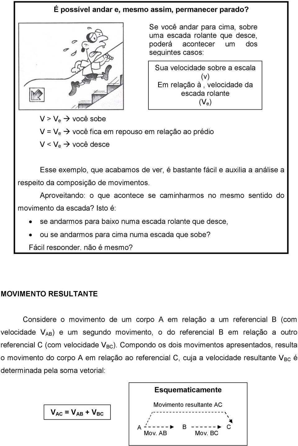 Em relção à, velocidde d escd rolnte (V e ) Esse exemplo, que cmos de ver, é stnte fácil e uxili nálise respeito d composição de movimentos.