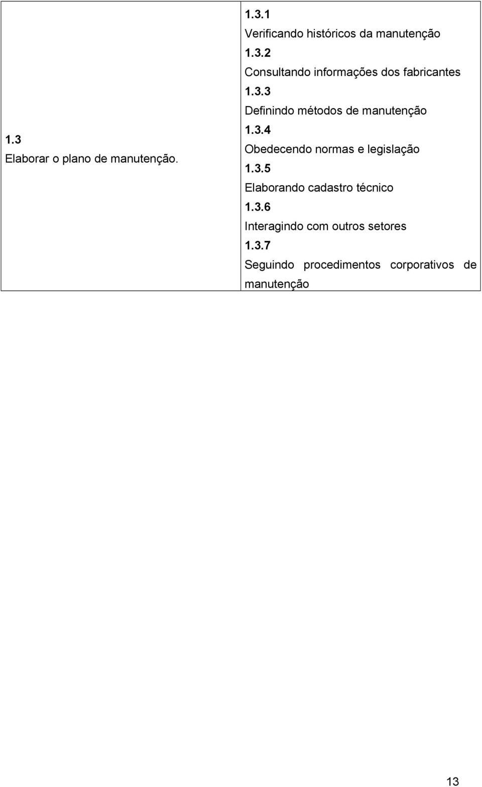 3.6 Interagindo com outros setores 1.3.7 Seguindo procedimentos corporativos de manutenção 13