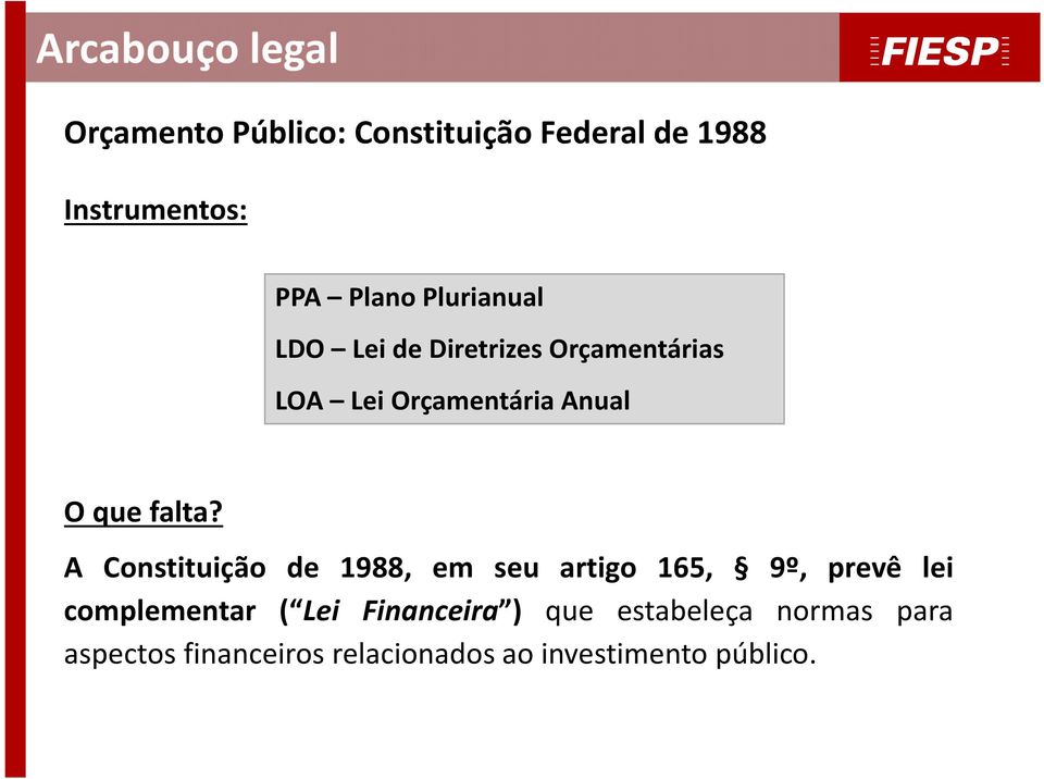 A Constituição de 1988, em seu artigo 165, 9º, prevê lei complementar ( Lei Financeira