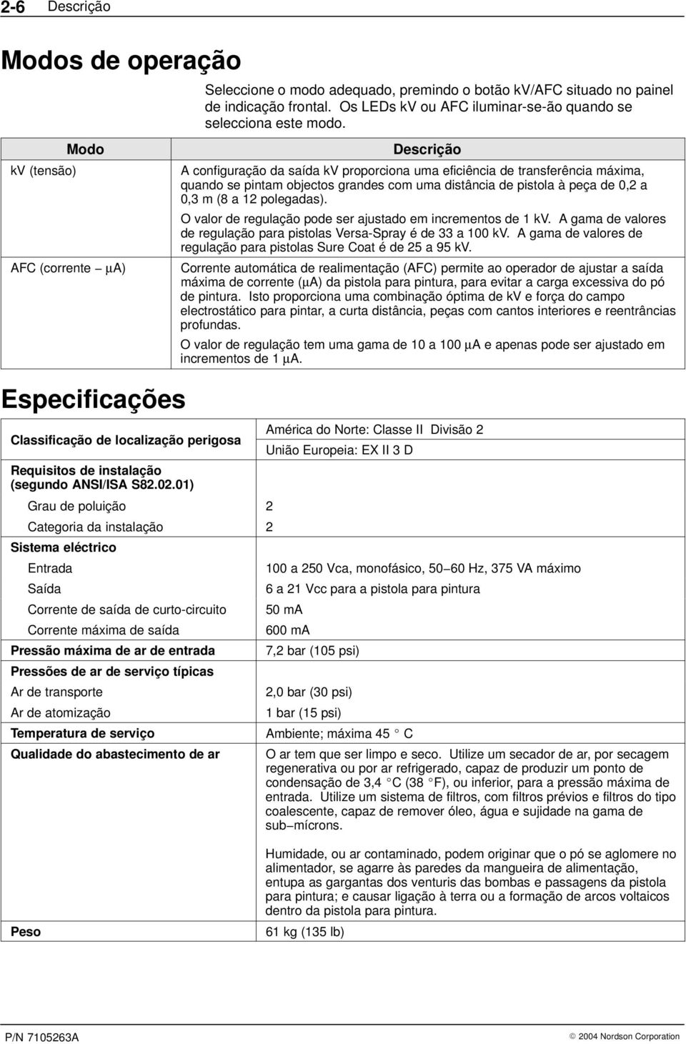 0,2 a 0,3 m (8 a 12 polegadas). O valor de regulação pode ser ajustado em incrementos de 1 kv. A gama de valores de regulação para pistolas Versa-Spray é de 33 a 100 kv.