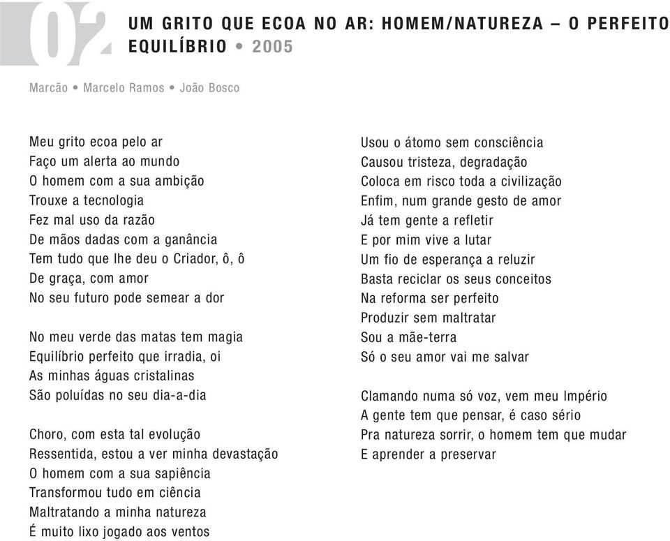 oi As minhas águas cristalinas São poluídas no seu dia-a-dia Choro, com esta tal evolução Ressentida, estou a ver minha devastação O homem com a sua sapiência Transformou tudo em ciência Maltratando