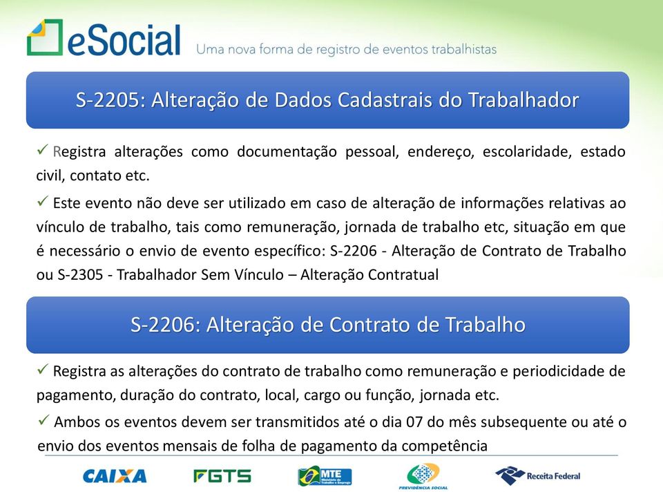 específico: S-2206 - Alteração de Contrato de Trabalho ou S-2305 - Trabalhador Sem Vínculo Alteração Contratual S-2206: Alteração de Contrato de Trabalho Registra as alterações do contrato de