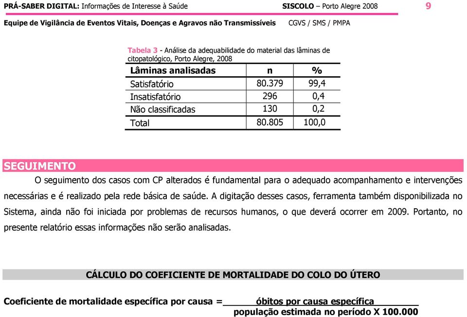 805 100,0 SEGUIMENTO O seguimento dos casos com CP alterados é fundamental para o adequado acompanhamento e intervenções necessárias e é realizado pela rede básica de saúde.