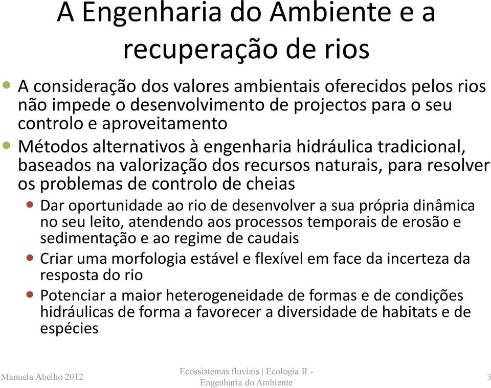 desenvolver a sua própria dinâmica no seu leito, atendendo aos processos temporais de erosão e sedimentação e ao regime de caudais Criar uma morfologia estável e flexível