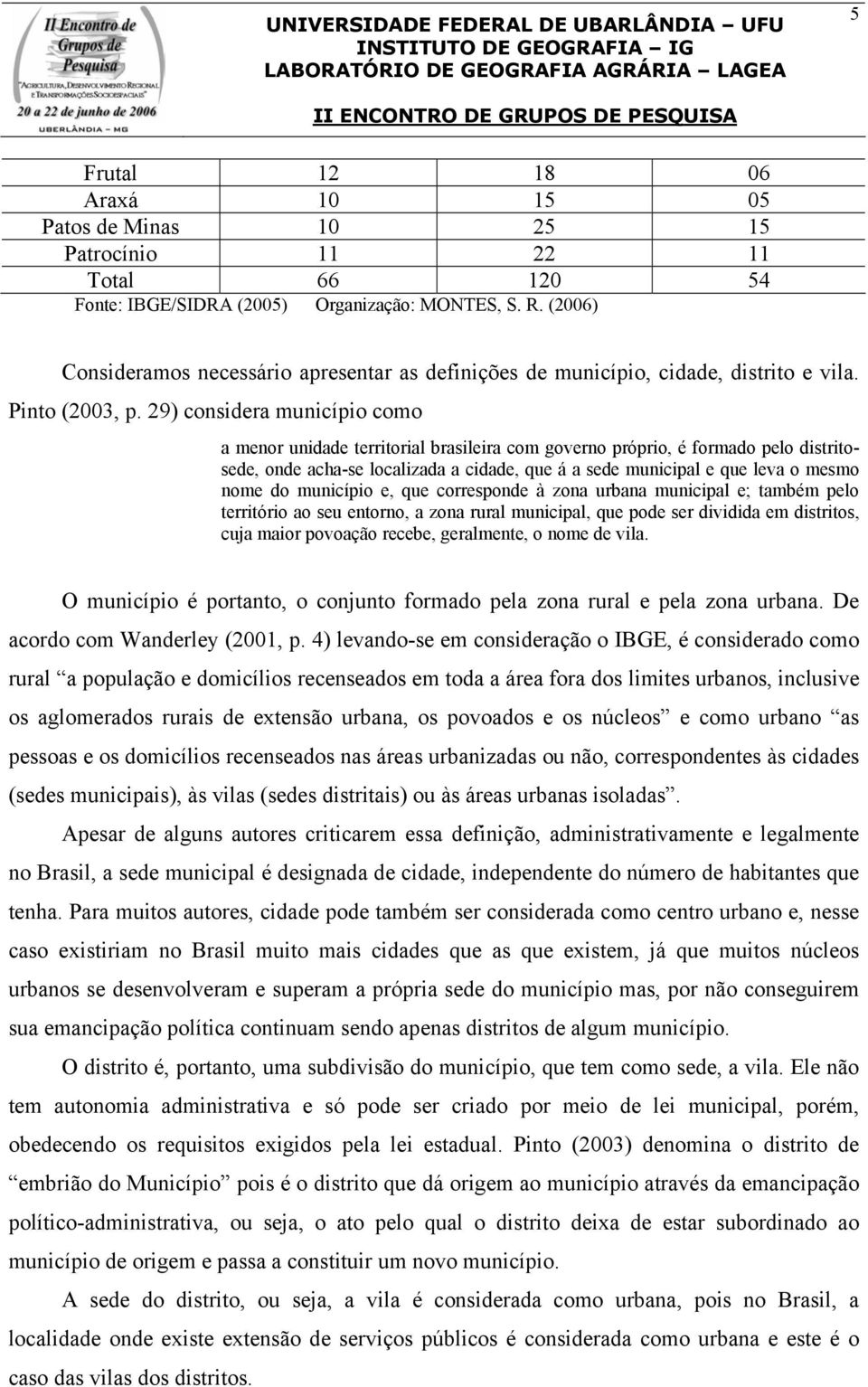 29) considera município como a menor unidade territorial brasileira com governo próprio, é formado pelo distritosede, onde acha-se localizada a cidade, que á a sede municipal e que leva o mesmo nome