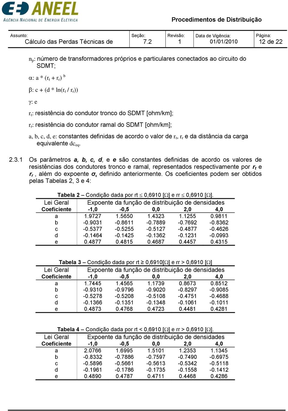 do SDMT [ohm/km]; r r : resistência do condutor ramal do SDMT [ohm/km]; a, b, c, d, e: constantes definidas de acordo o valor de r t, r r e da distância da carga equivalente dc eq. 2.3.