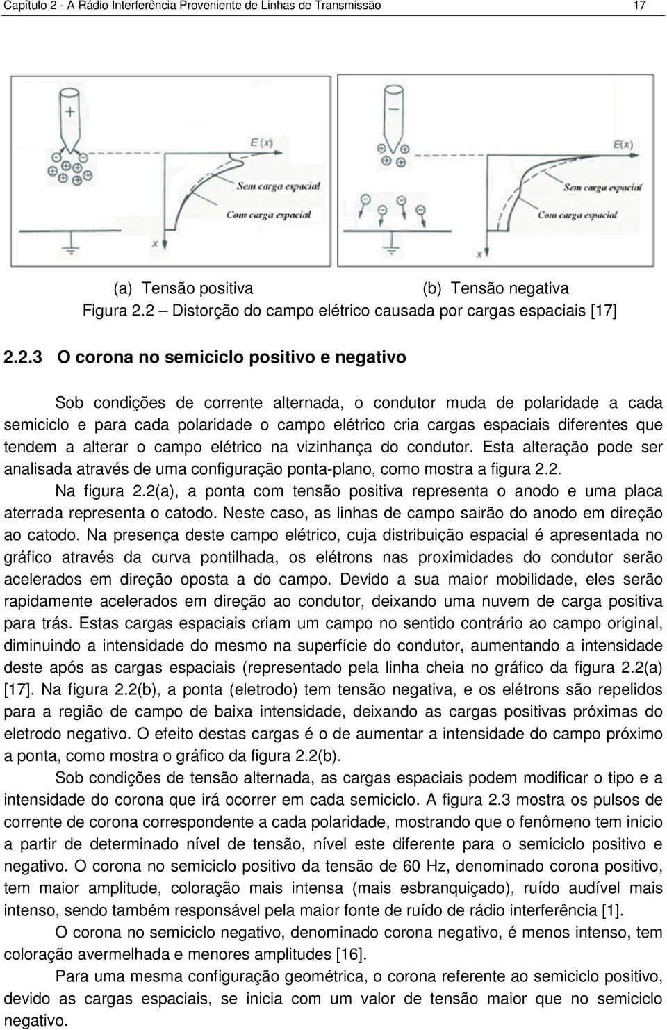 2 Distorção do campo elétrico causada por cargas espaciais [17] 2.2.3 O corona no semiciclo positivo e negativo Sob condições de corrente alternada, o condutor muda de polaridade a cada semiciclo e