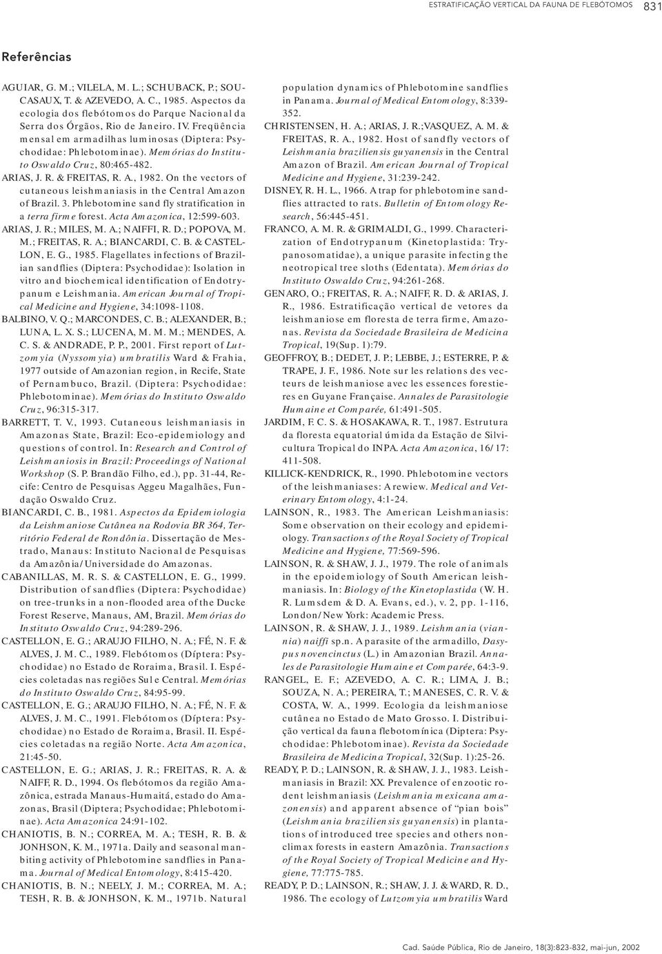 Memórias do Instituto Oswaldo Cruz, 80:465-482. ARIAS, J. R. & FREITAS, R. A., 1982. On the ectors of cutaneous leishmaniasis in the Central Amazon of Brazil. 3.