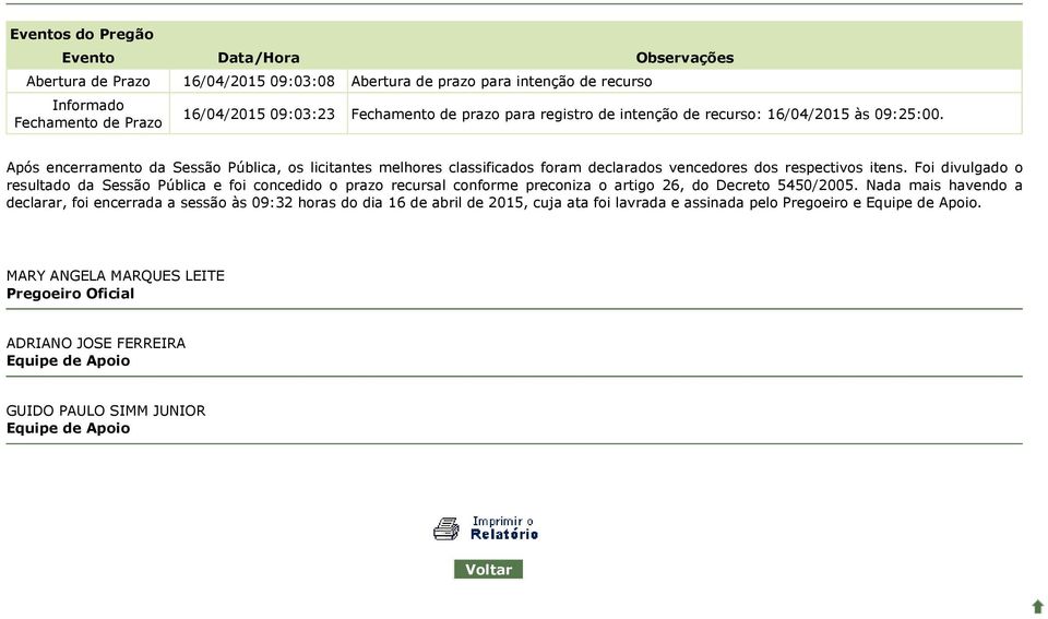 Foi divulgado o resultado da Sessão Pública e foi concedido o prazo recursal conforme preconiza o artigo 26, do Decreto 5450/2005.