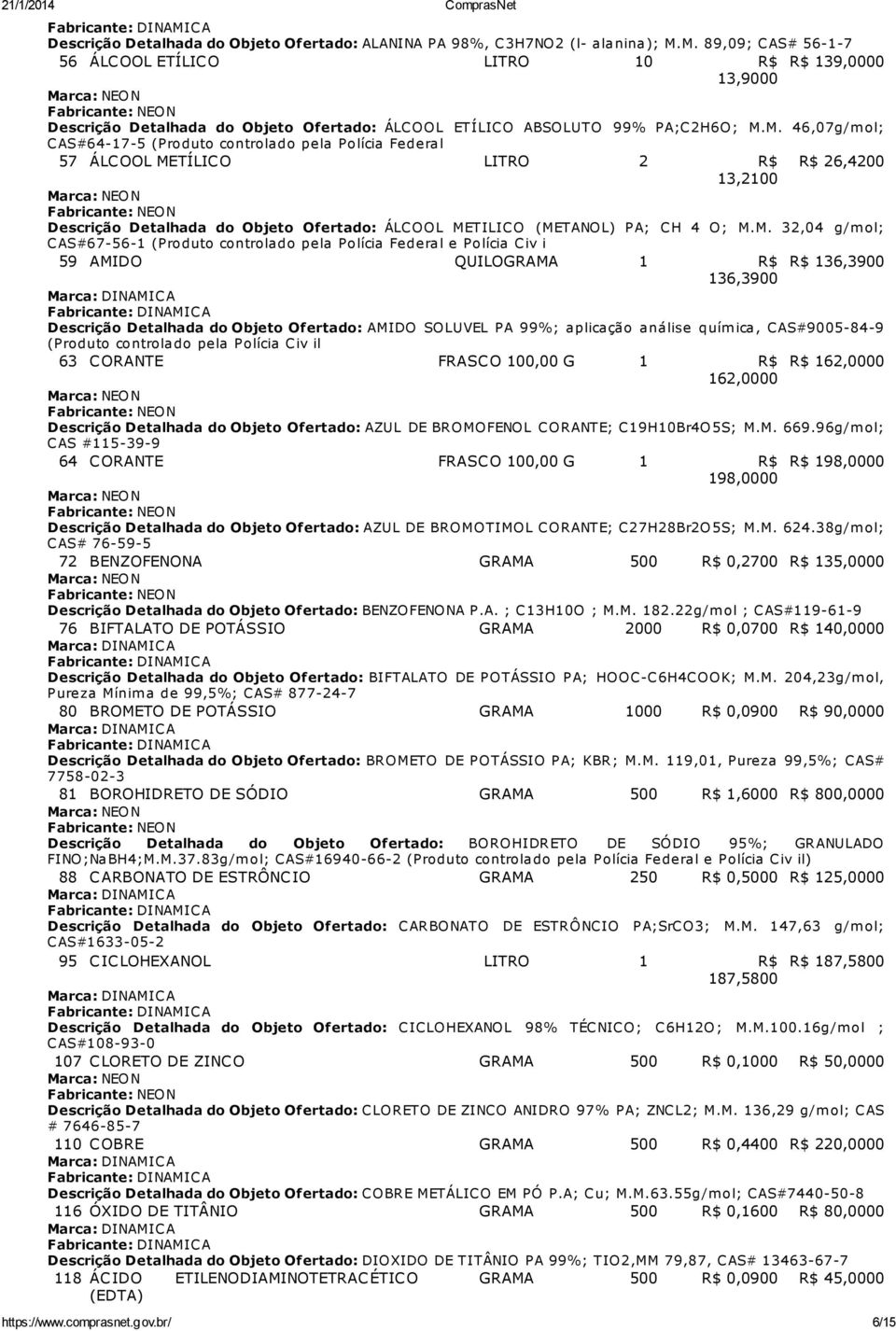 M. 32,04 g/m ol; CAS#67-56-1 (Produto controlado pela Polícia Federal e Polícia Civ i 59 AMIDO QUILOGRAMA 1 R$ R$ 136,3900 136,3900 Descrição Detalhada do Objeto Ofertado: AMIDO SOLUVEL PA 99%;