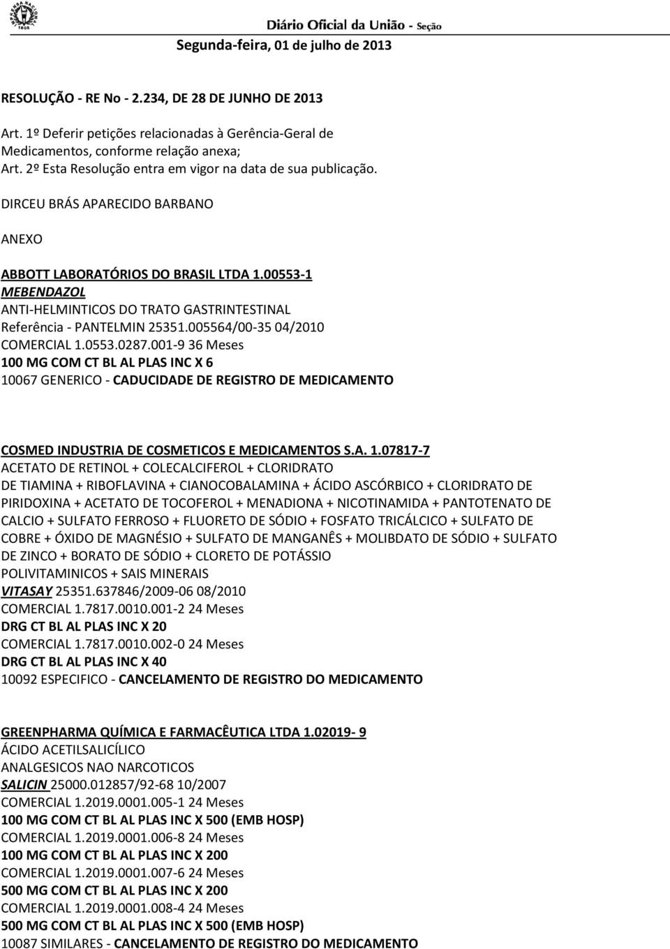 00553-1 MEBENDAZOL ANTI-HELMINTICOS DO TRATO GASTRINTESTINAL Referência - PANTELMIN 25351.005564/00-35 04/2010 COMERCIAL 1.0553.0287.