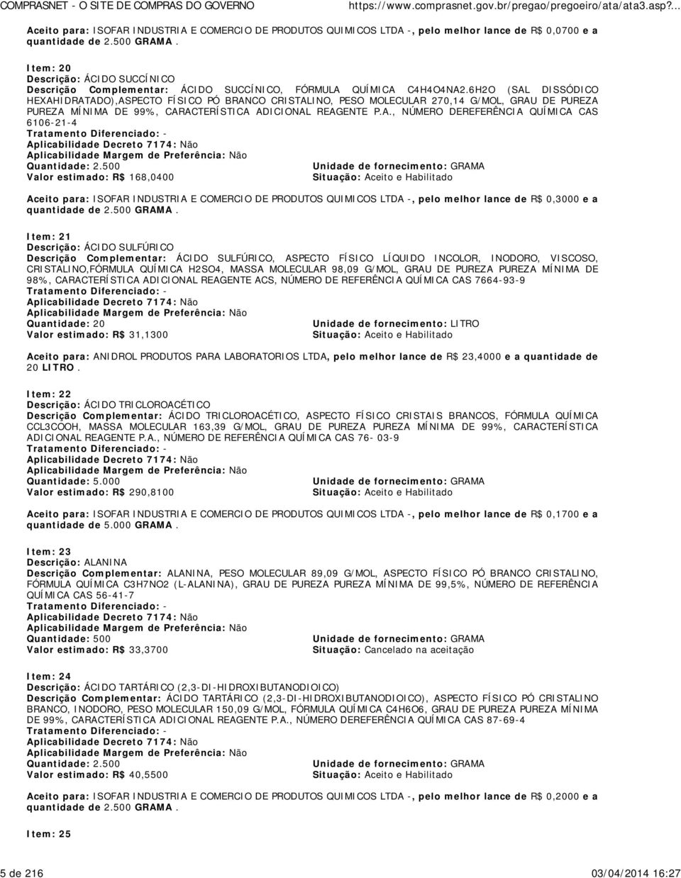 6H2O (SAL DISSÓDICO HEXAHIDRATADO),ASPECTO FÍSICO PÓ BRANCO CRISTALINO, PESO MOLECULAR 270,14 G/MOL, GRAU DE PUREZA PUREZA MÍNIMA DE 99%, CARACTERÍSTICA ADICIONAL REAGENTE P.A., NÚMERO DEREFERÊNCIA QUÍMICA CAS 6106-21-4 Quantidade: 2.