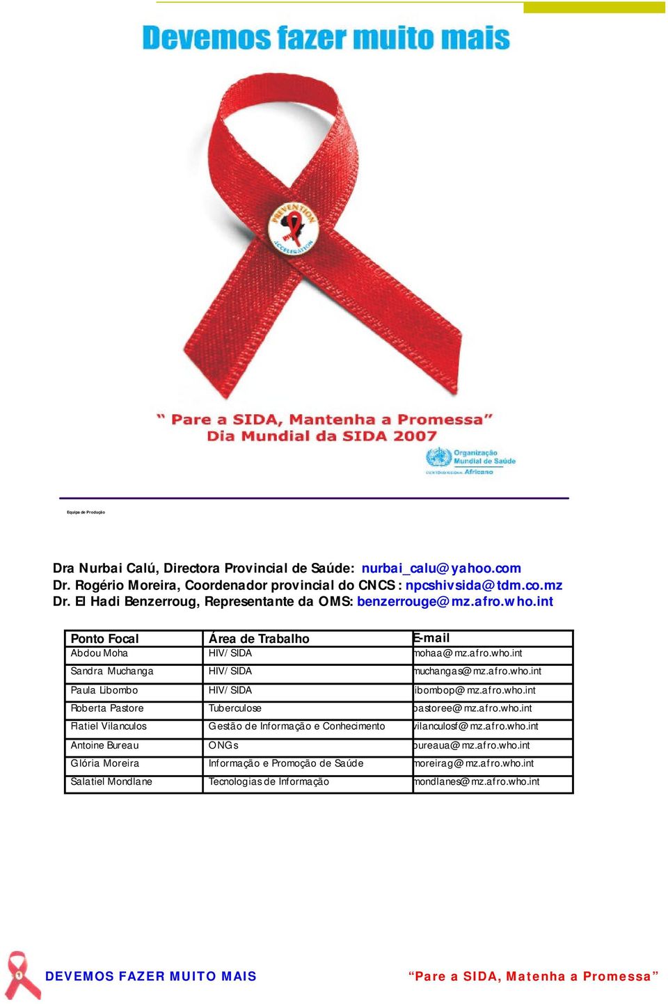 afro.who.int Paula Libombo HIV/SIDA libombop@mz.afro.who.int Roberta Pastore Tuberculose pastoree@mz.afro.who.int Flatiel Vilanculos Gestão de Informação e Conhecimento vilanculosf@mz.