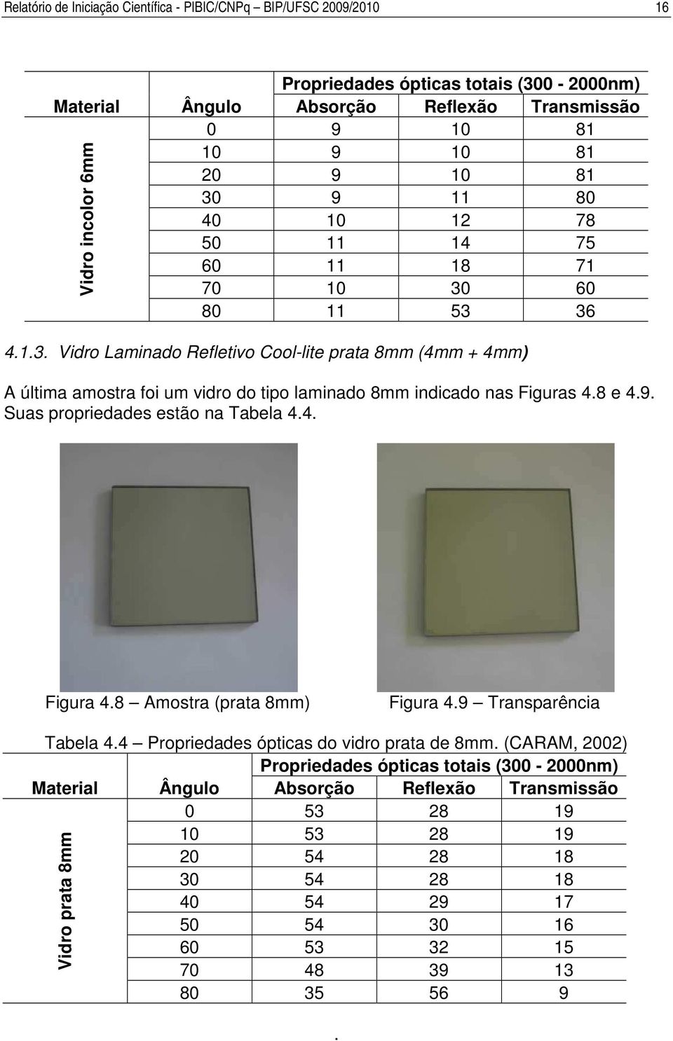 8 e 4.9. Suas propriedades estão na Tabela 4.4. Figura 4.8 Amostra (prata 8mm) Figura 4.9 Transparência Tabela 4.4 Propriedades ópticas do vidro prata de 8mm.