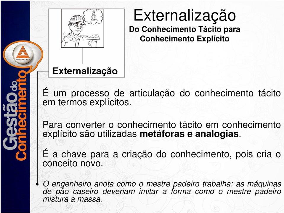 Para converter o conhecimento tácito em conhecimento explícito são utilizadas metáforas e analogias.