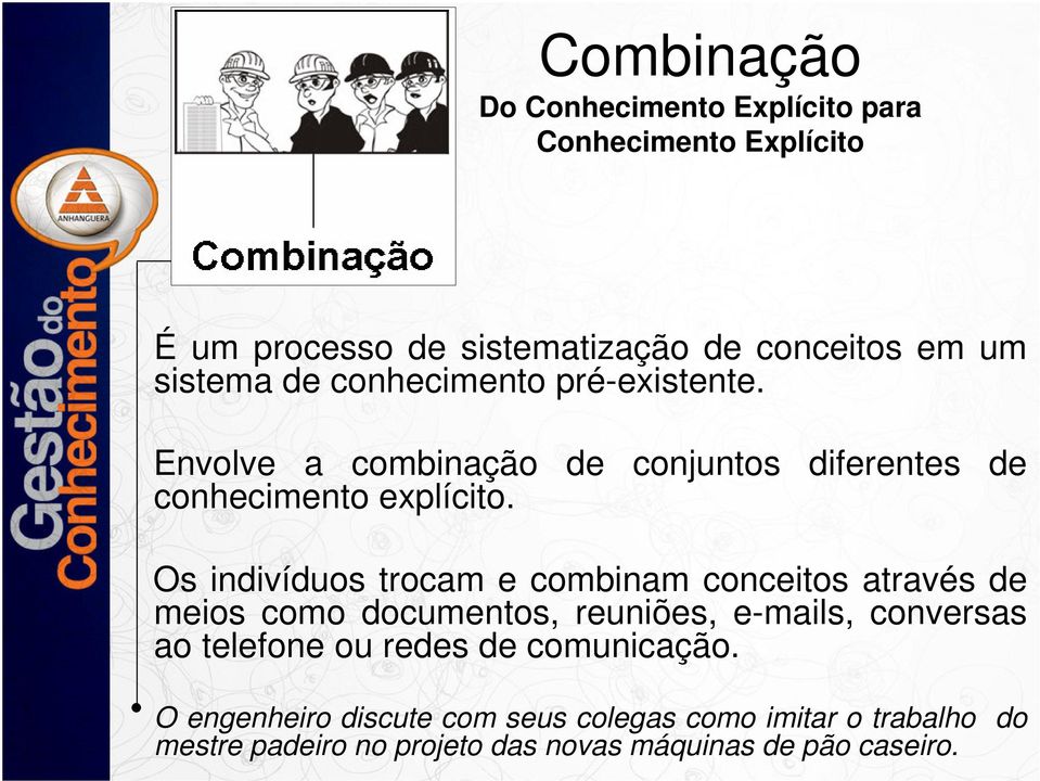 Os indivíduos trocam e combinam conceitos através de meios como documentos, reuniões, e-mails, conversas ao telefone ou