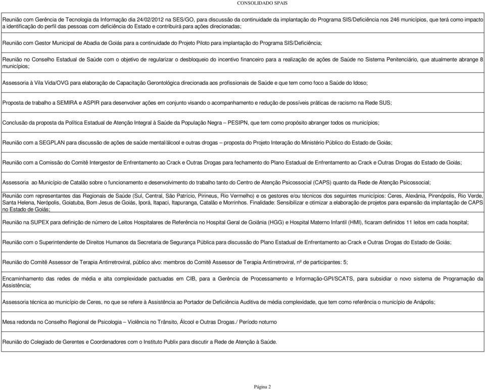 implantação do Programa SIS/Deficiência; Reunião no Conselho Estadual de Saúde com o objetivo de regularizar o desbloqueio do incentivo financeiro para a realização de ações de Saúde no Sistema