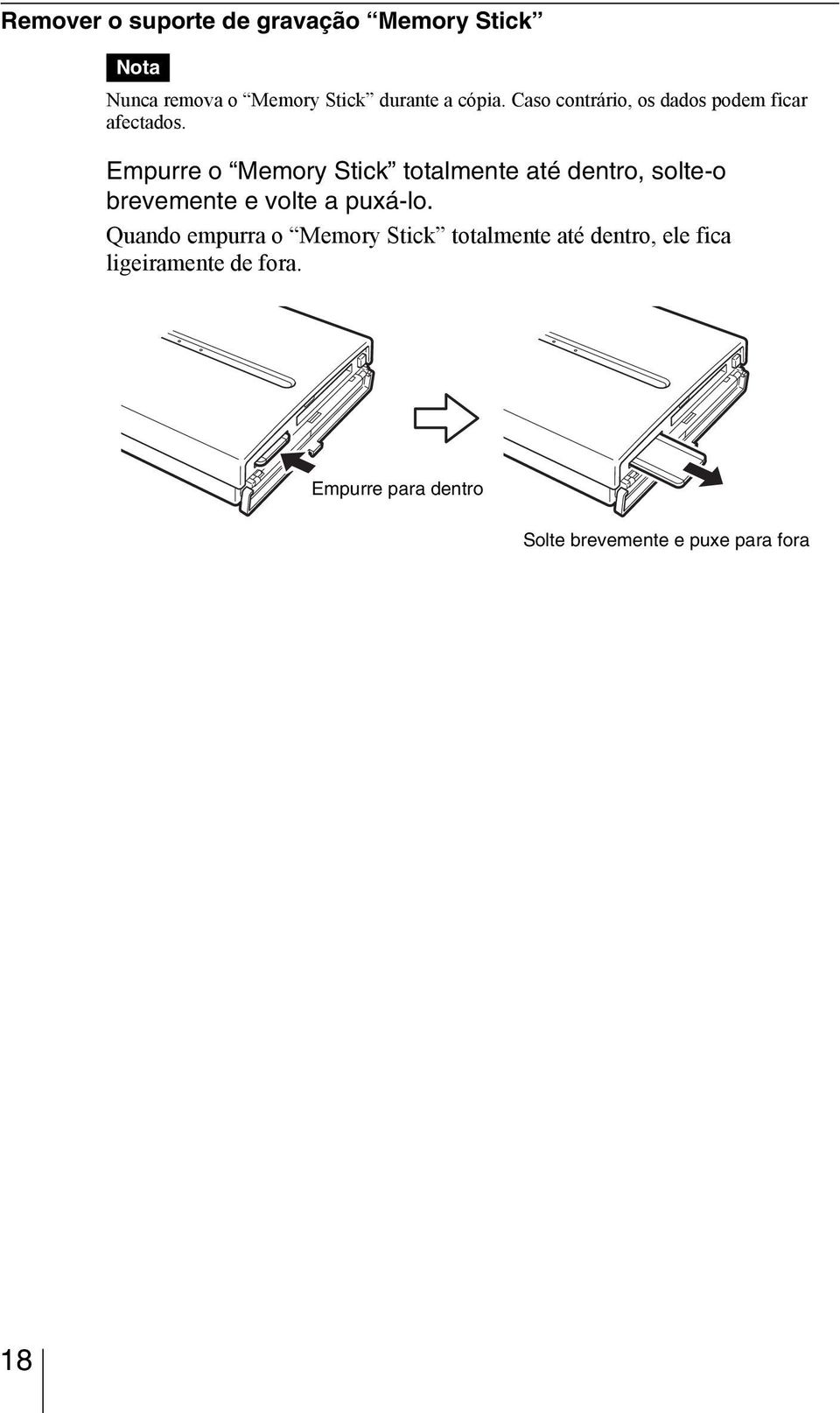 Empurre o Memory Stick totalmente até dentro, solte-o brevemente e volte a puxá-lo.