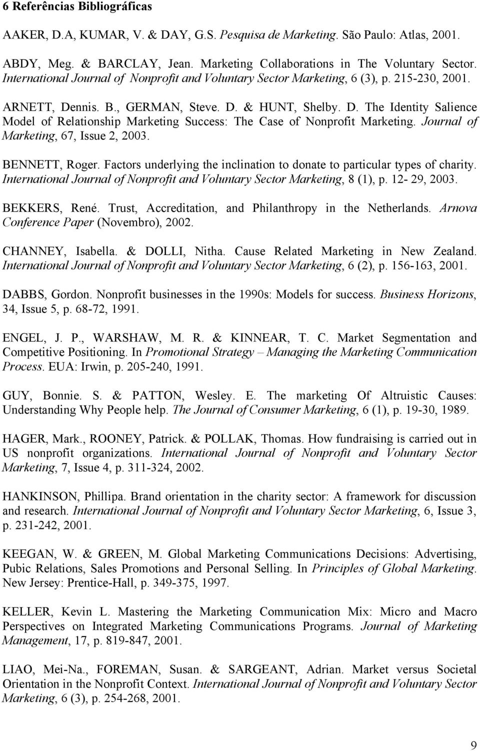 Journal of Marketing, 67, Issue 2, 2003. BENNETT, Roger. Factors underlying the inclination to donate to particular types of charity.