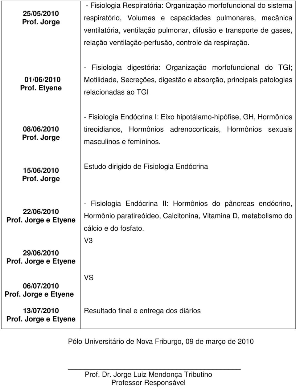 01/06/2010 - Fisiologia digestória: Organização morfofuncional do TGI; Motilidade, Secreções, digestão e absorção, principais patologias relacionadas ao TGI 08/06/2010 - Fisiologia Endócrina I: Eixo