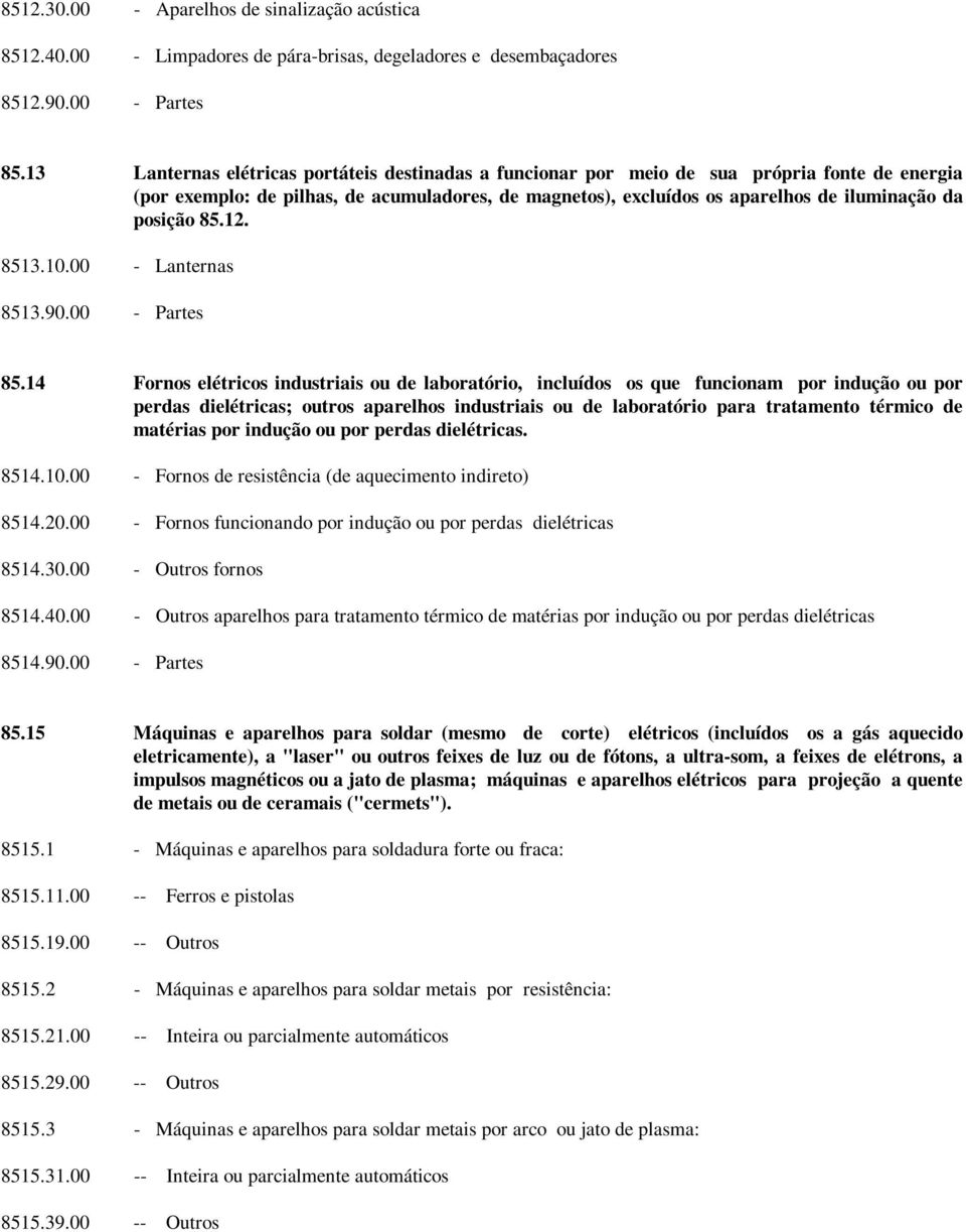 posição 85.12. 8513.10.00 - Lanternas 8513.90.00 - Partes 85.