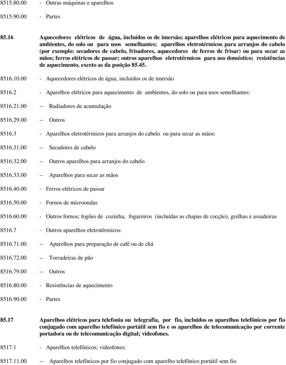 exemplo: secadores de cabelo, frisadores, aquecedores de ferros de frisar) ou para secar as mãos; ferros elétricos de passar; outros aparelhos eletrotérmicos para uso doméstico; resistências de