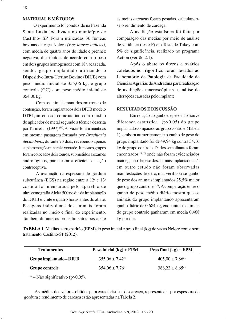 cada, sendo: grupo implantado utilizando o Dispositivo Intra-Uterino Bovino (DIUB) com peso médio inicial de 355,06 kg, e grupo controle (GC) com peso médio inicial de 354,06 kg.