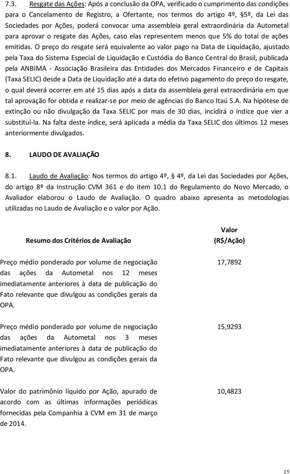 O preço do resgate será equivalente ao valor pago na Data de Liquidação, ajustado pela Taxa do Sistema Especial de Liquidação e Custódia do Banco Central do Brasil, publicada pela ANBIMA - Associação