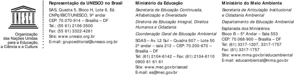 br Ministério da Educação Secretaria de Educação Continuada, Alfabetização e Diversidade Diretoria de Educação Integral, Direitos Humanos e Cidadania Coordenação Geral de Educação Ambiental SGAS Av.