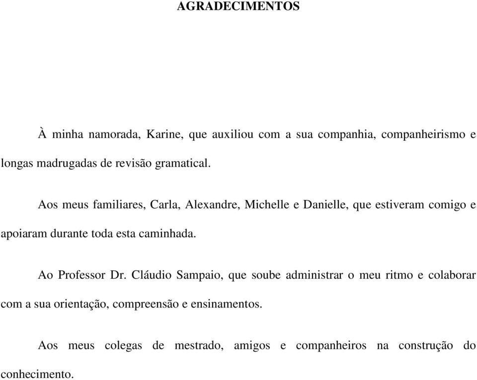 Aos meus familiares, Carla, Alexandre, Michelle e Danielle, que estiveram comigo e apoiaram durante toda esta