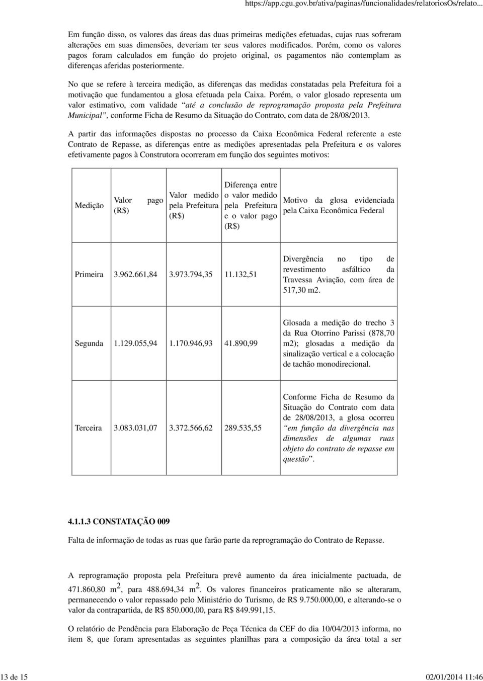 No que se refere à terceira medição, as diferenças das medidas constatadas pela Prefeitura foi a motivação que fundamentou a glosa efetuada pela Caixa.