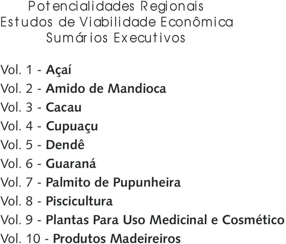 4 - Cupuaçu Vol. 5 - Dendê Vol. 6 - Guaraná Vol. 7 - Palmito de Pupunheira Vol.