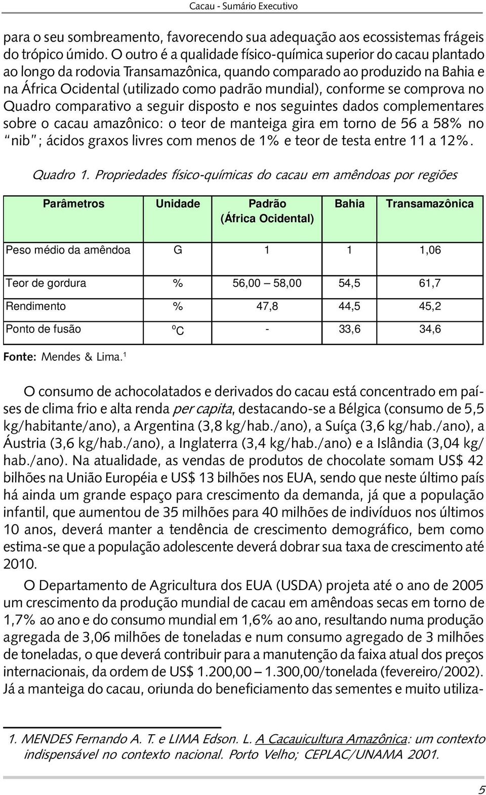 conforme se comprova no Quadro comparativo a seguir disposto e nos seguintes dados complementares sobre o cacau amazônico: o teor de manteiga gira em torno de 56 a 58% no nib ; ácidos graxos livres