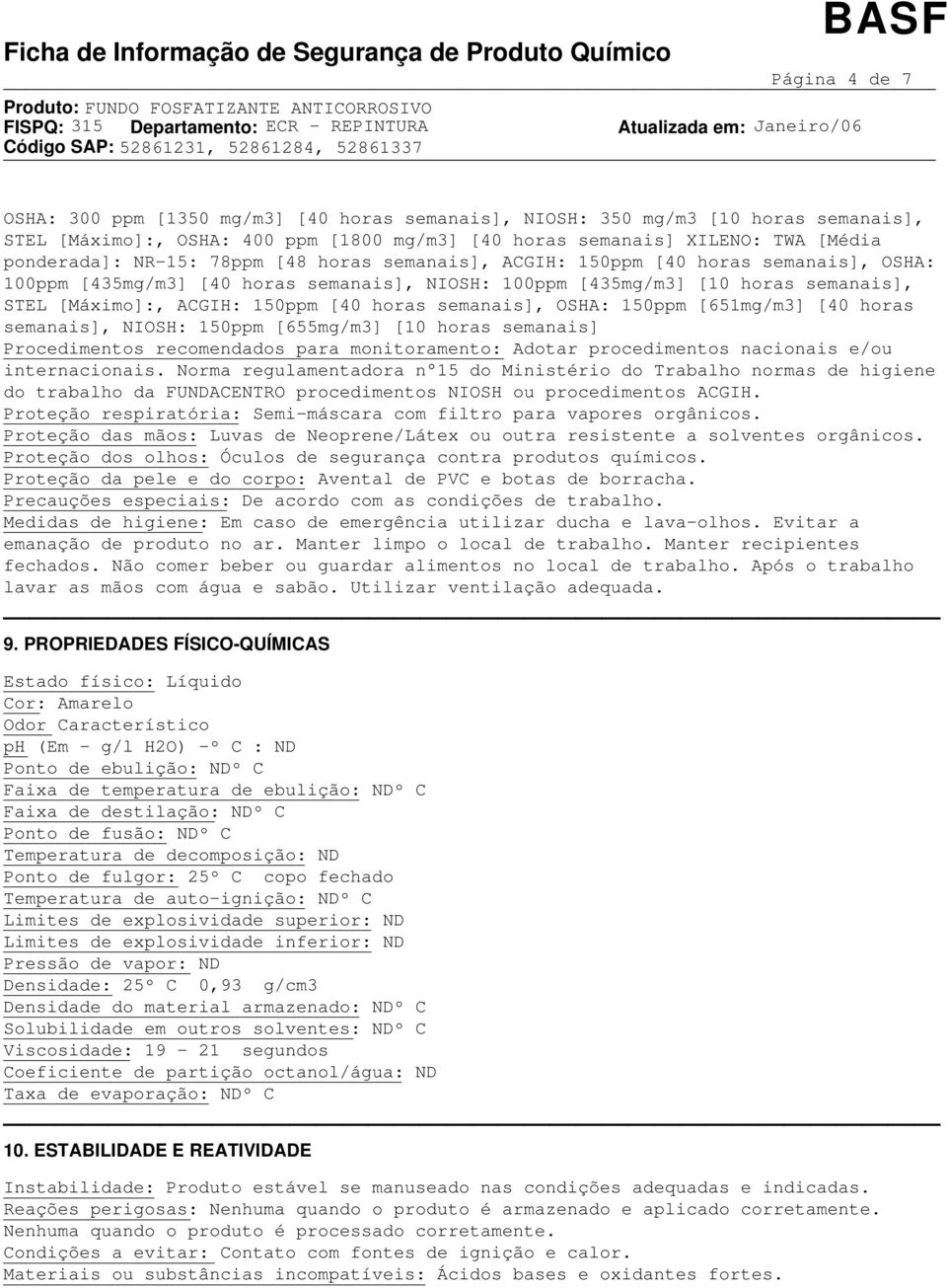 150ppm [40 horas semanais], OSHA: 150ppm [651mg/m3] [40 horas semanais], NIOSH: 150ppm [655mg/m3] [10 horas semanais] Procedimentos recomendados para monitoramento: Adotar procedimentos nacionais