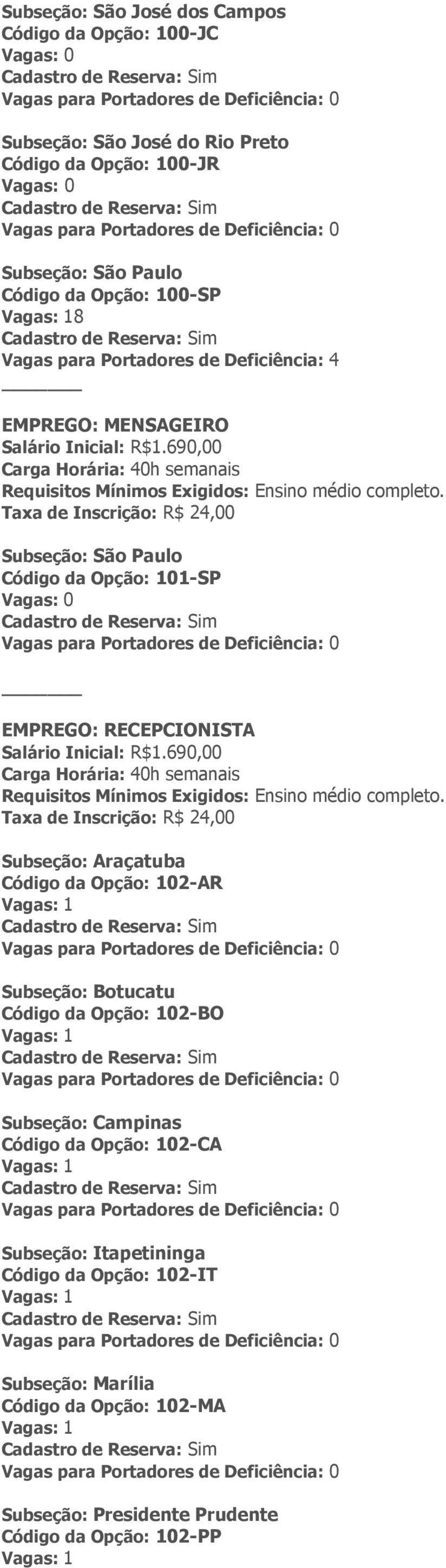 Código da Opção: 101-SP EMPREGO: RECEPCIONISTA Salário Inicial: R$1.690,00 Requisitos Mínimos Exigidos: Ensino médio completo.