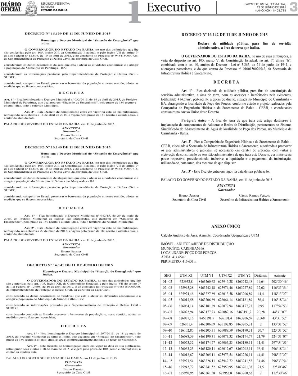 608, de 10 de abril de 2012, e do constante no Processo nº 9484150000726, da Superintendência de Proteção e Defesa Civil, da estrutura da Casa Civil, considerando os danos decorrentes da seca que