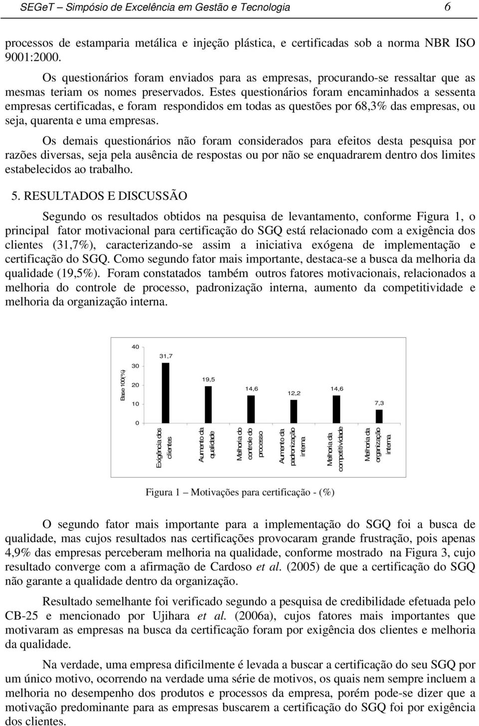 Estes questionários foram encaminhados a sessenta empresas certificadas, e foram respondidos em todas as questões por 68,3% das empresas, ou seja, quarenta e uma empresas.