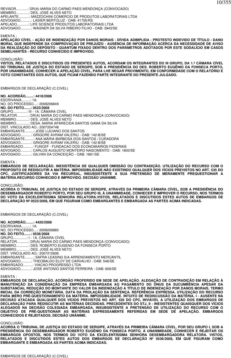 ..: WAGNER DA SILVA RIBEIRO FILHO - OAB: 3943/SE 10/355 EMENTA : APELAÇÃO CÍVEL - AÇÃO DE INDENIZAÇÃO POR DANOS MORAIS - DÍVIDA ADIMPLIDA - PROTESTO INDEVIDO DE TÍTULO - DANO MORAL QUE INDEPENDE DA