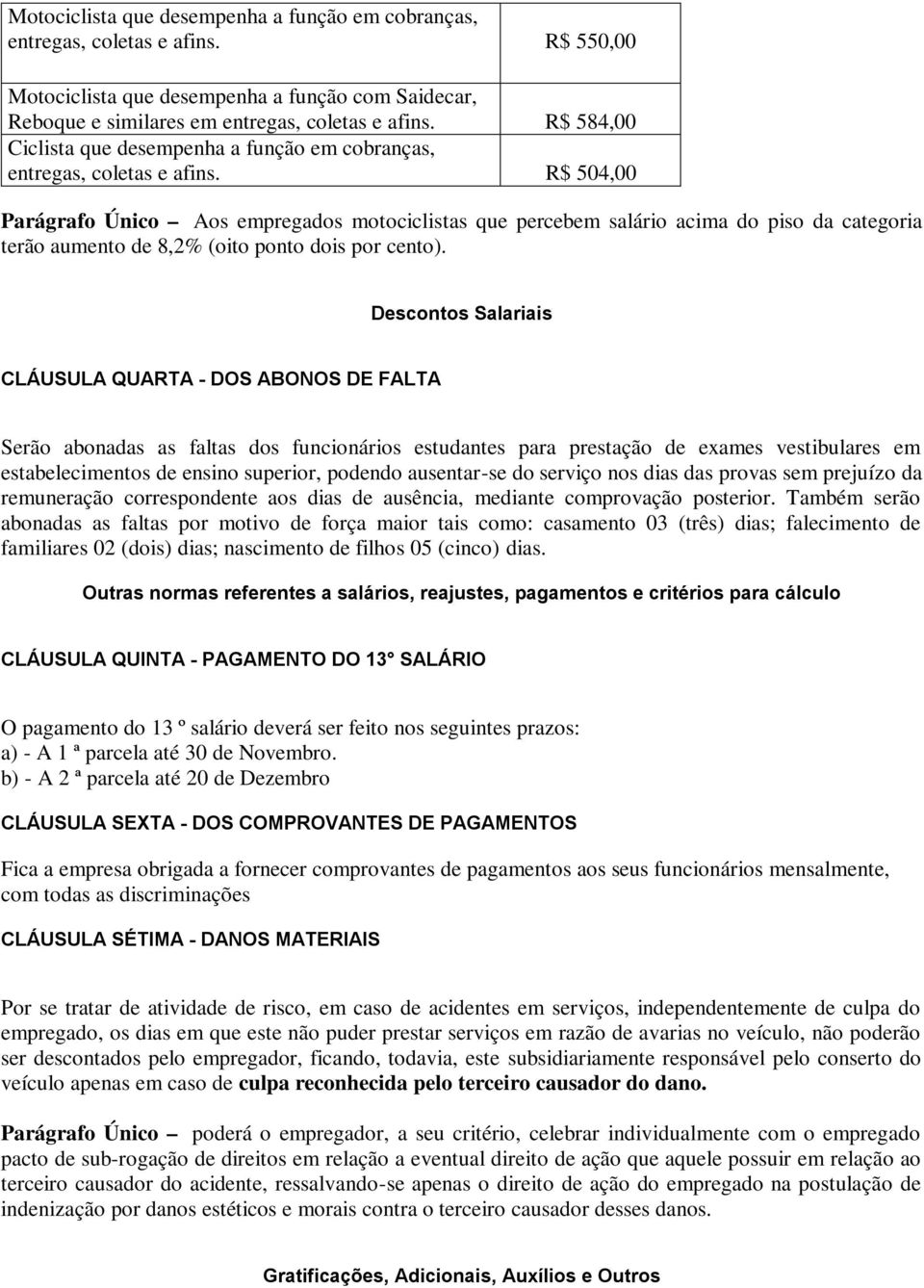 R$ 504,00 Parágrafo Único Aos empregados motociclistas que percebem salário acima do piso da categoria terão aumento de 8,2% (oito ponto dois por cento).