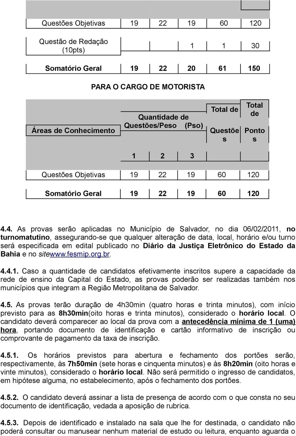 4. As provas serão aplicadas no Município de Salvador, no dia 06/02/2011, no turnomatutino, assegurando-se que qualquer alteração de data, local, horário e/ou turno será especificada em edital