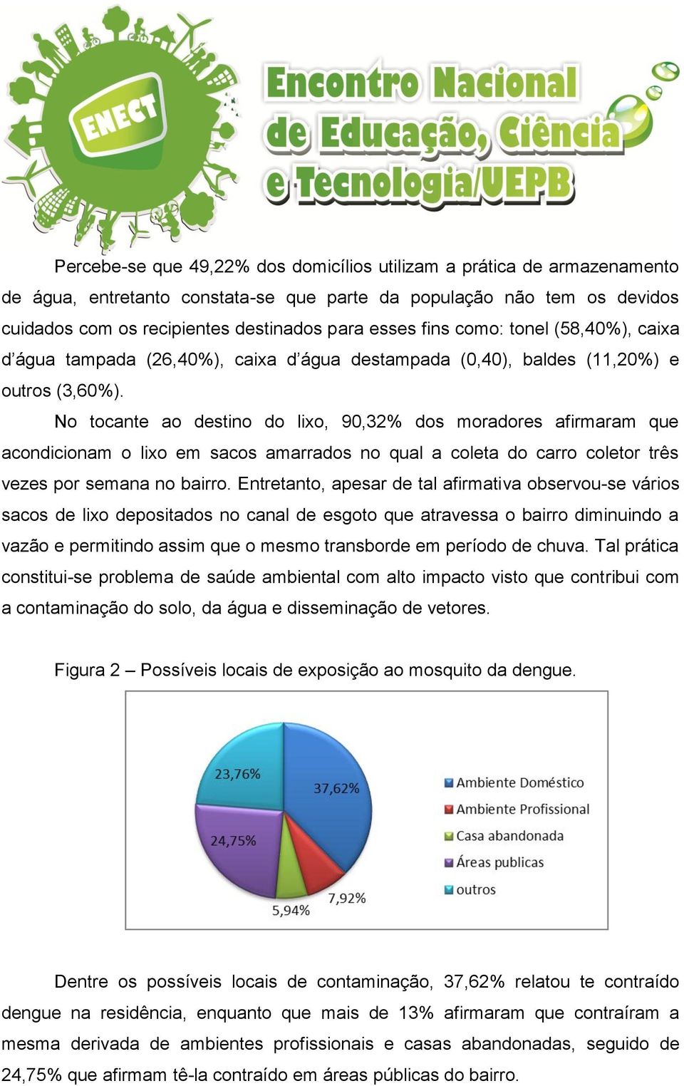 No tocante ao destino do lixo, 90,32% dos moradores afirmaram que acondicionam o lixo em sacos amarrados no qual a coleta do carro coletor três vezes por semana no bairro.