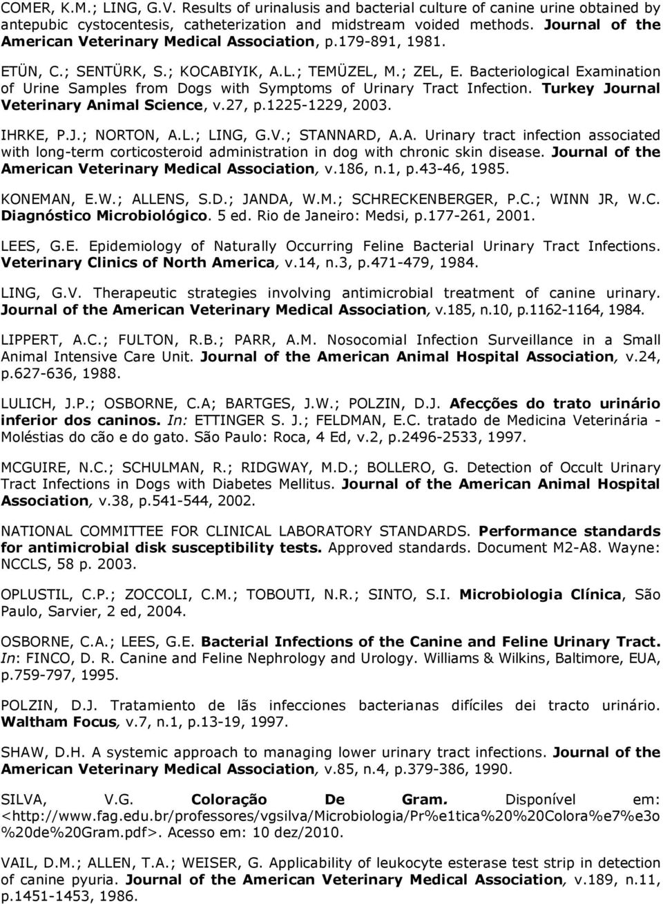 Bacteriological Examination of Urine Samples from Dogs with Symptoms of Urinary Tract Infection. Turkey Journal Veterinary Animal Science, v.27, p.1225-1229, 2003. IHRKE, P.J.; NORTON, A.L.; LING, G.