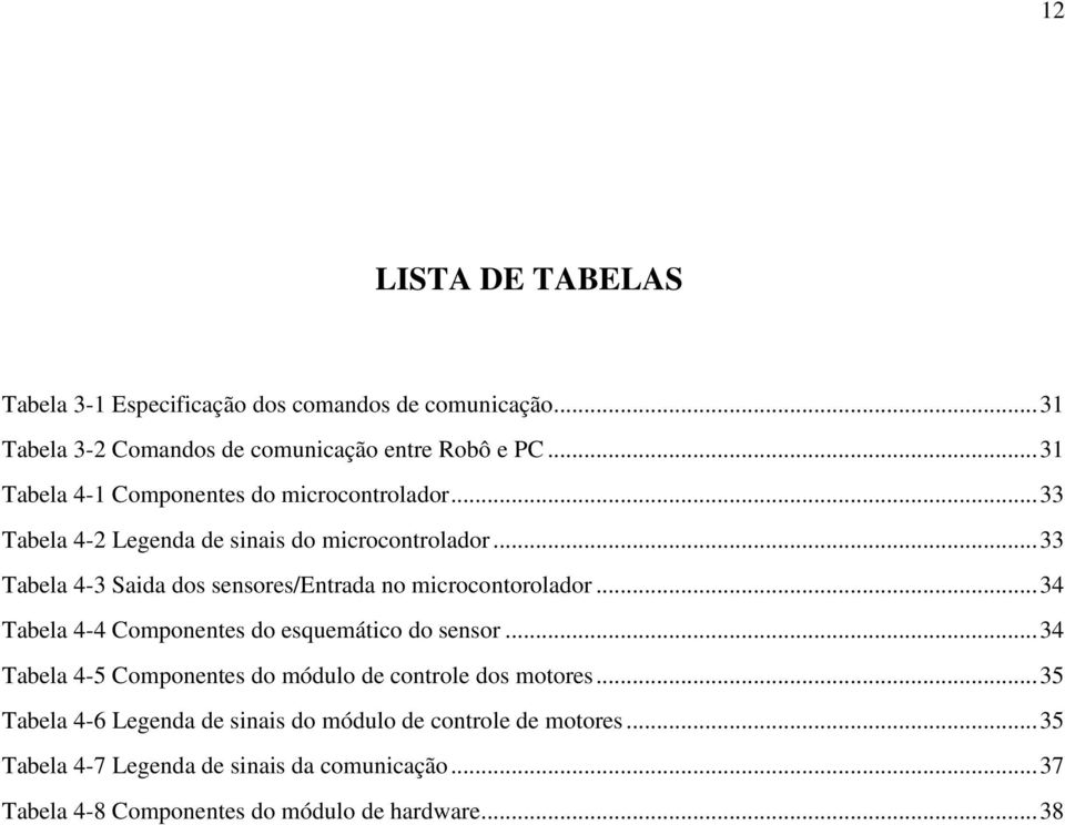 .. 33 Tabela 4-3 Saida dos sensores/entrada no microcontorolador... 34 Tabela 4-4 Componentes do esquemático do sensor.