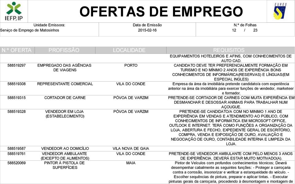 CANDIDATO DEVE TER PREFERENCIALMENTE FORMAÇÃO EM TURISMO E NO MÍNIMO 2 ANOS DE EXPERIÊNCIA BONS CONHECIMENTOS DE INFORMÁRICA(RESERVAS) E LÍNGUAS(EM ESPECIAL INGLES) Empresa da área da imobiliária