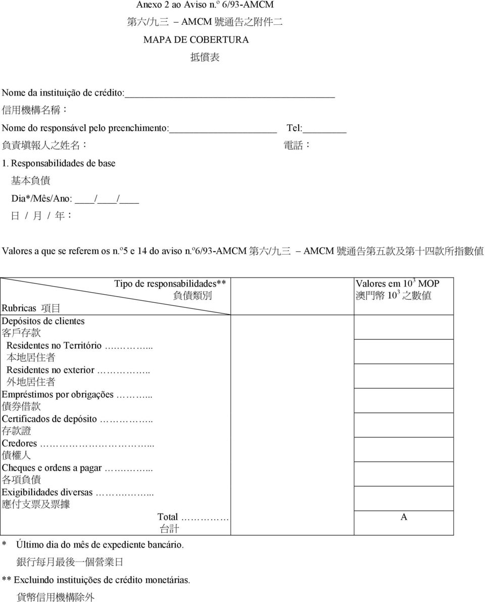 Responsabilidades de base 基 本 負 債 Dia*/Mês/Ano: / / 日 / 月 / 年 : Valores a que se referem os n.º5 e 14 do aviso n.