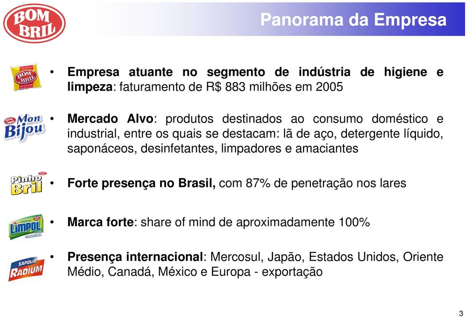 saponáceos, desinfetantes, limpadores e amaciantes Forte presença no Brasil, com 87% de penetração nos lares Marca forte: share