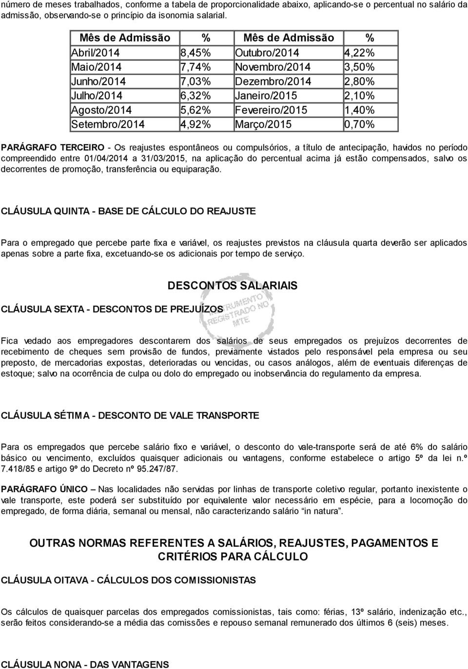 Fevereiro/2015 1,40% Setembro/2014 4,92% Março/2015 0,70% PARÁGRAFO TERCEIRO - Os reajustes espontâneos ou compulsórios, a título de antecipação, havidos no período compreendido entre 01/04/2014 a