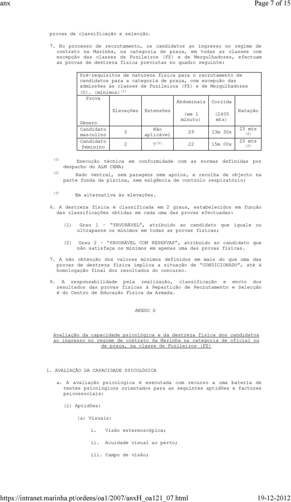 No processo de recrutamento, os candidatos ao ingresso no regime de contrato na Marinha, na categoria de praça, em todas as classes com excepção das classes de Fuzileiros (FZ) e de Mergulhadores,